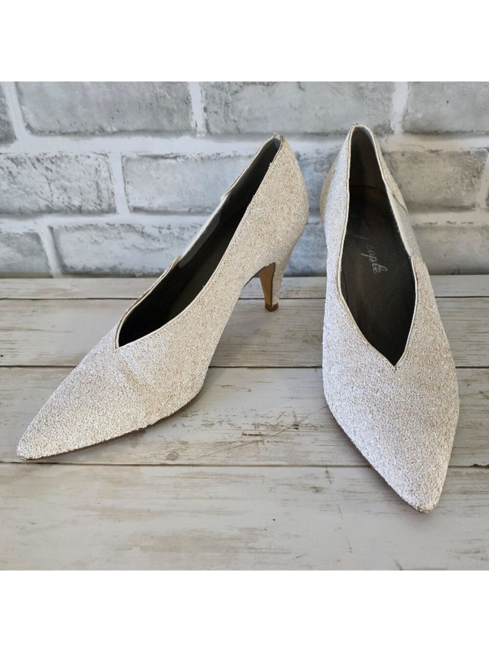 Free People White Glitter Florence Kitten Heel 37 Retro Wedding Prom Dance 6.5